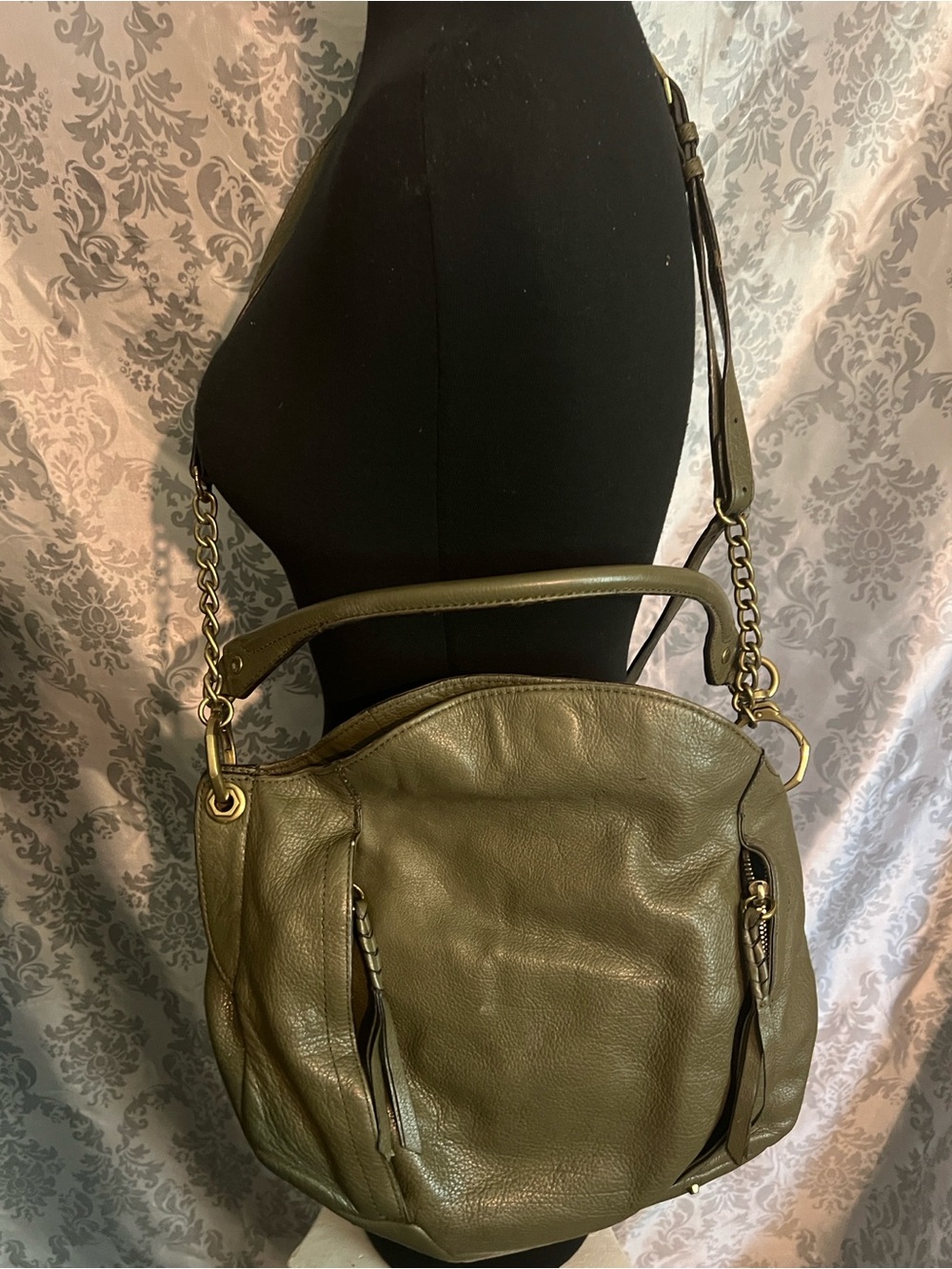 orYANY Olive Green Leather Shoulder Bag with Brass Hardware